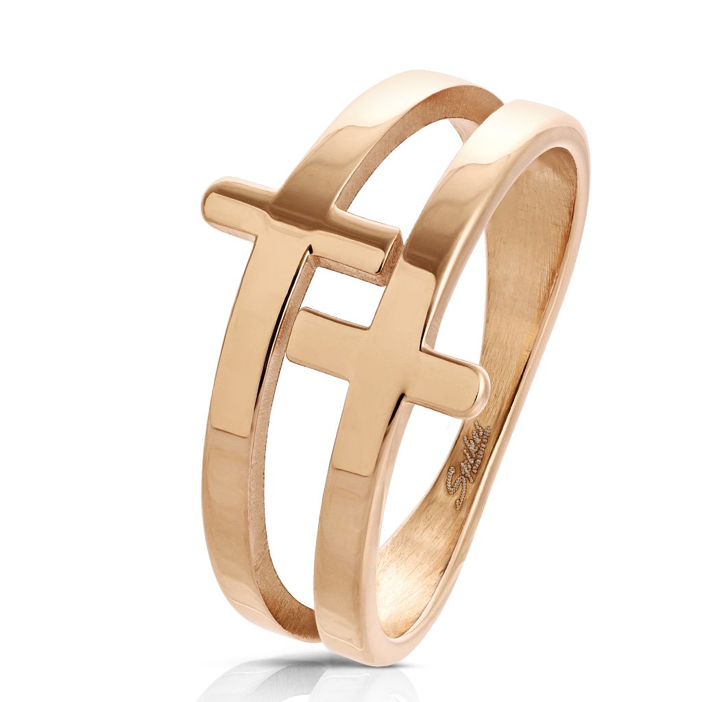 Tata Gisèle Anello Donna In Acciaio Inossidabile Rosato – Doppia Croce Traforata, Larghezza 12 Mm – Gioiello Moderno E Resistente - 2