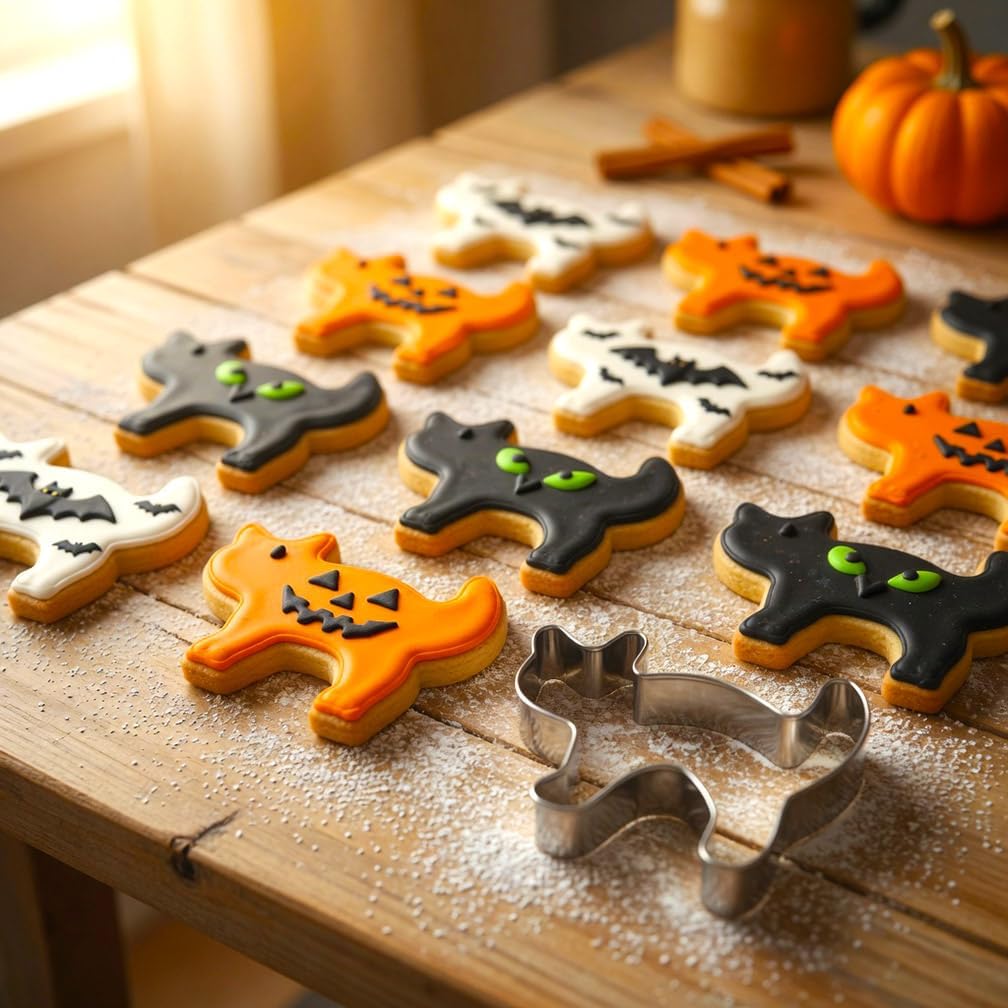 Halloween Cookie Cutters 5pcs, Cat Bat Pumpkin Magic Hat Cookie Cutter Sturdy Easy to Clean & Demold Pancake Dough Molds, Fondant Cutters for Baking Biscuit