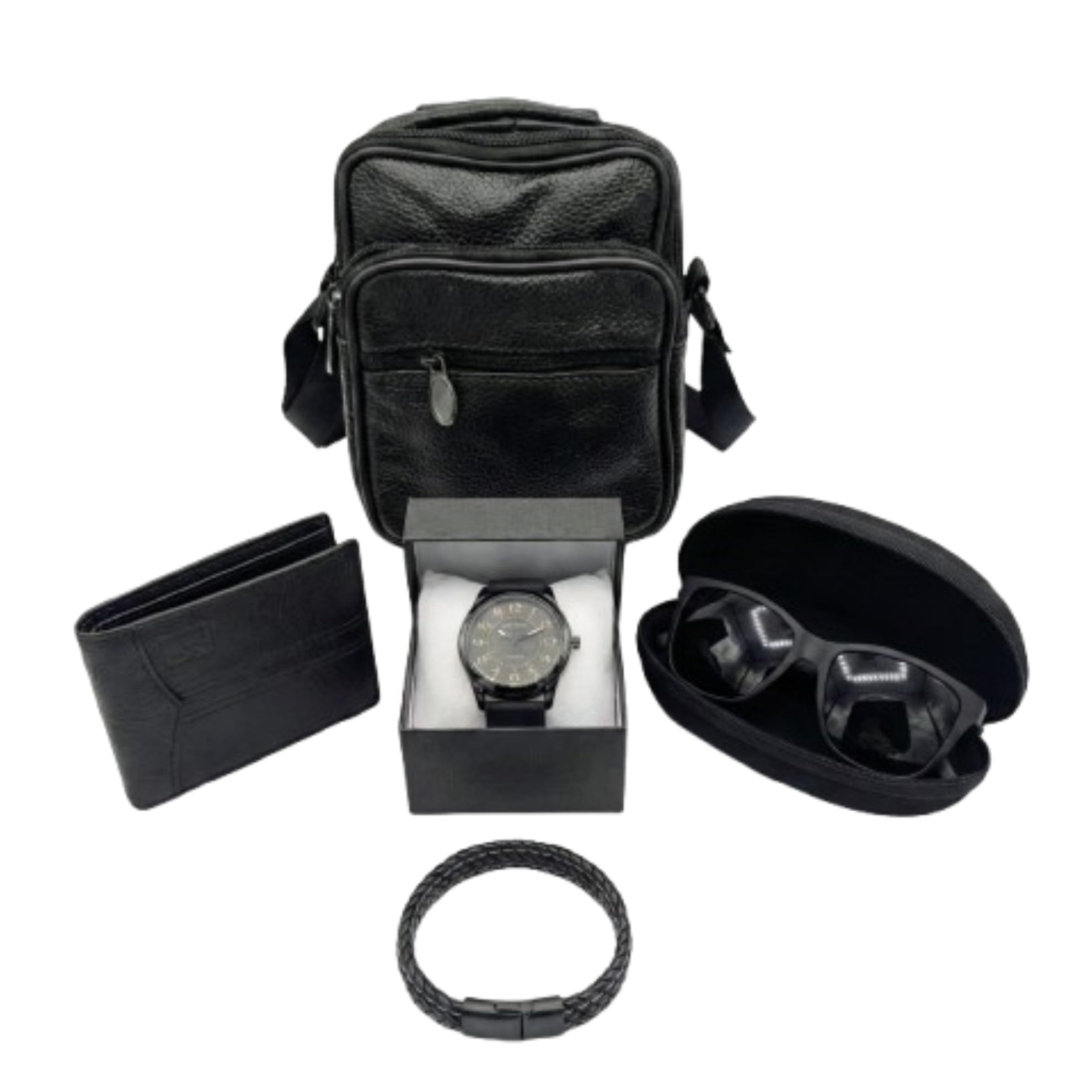 Aqua Gift Caja De Regalo con Set De Cartera Monedero, Pulsera, Bandolera, Reloj y Gafas De Sol con Estuche Rigido Conjunto De Vestir Elegante para Hombre