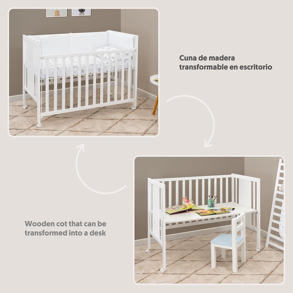 Interbaby Cuna Bebé Colecho Convertible 124x63 cm | Cuna Evolutiva de Madera con Lateral Abatible, Altura Regulable y Ruedas con Freno | Cuna Convertible en Escritorio y Sofá | Blanca Bear Basic