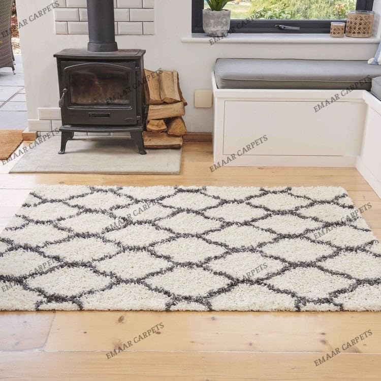 Image of Super Ultra Modern Soft Shaggy Handcrafted Anti-Skid Silk Touch Carpet, Size 12x12 Feet, Color White & D Grey