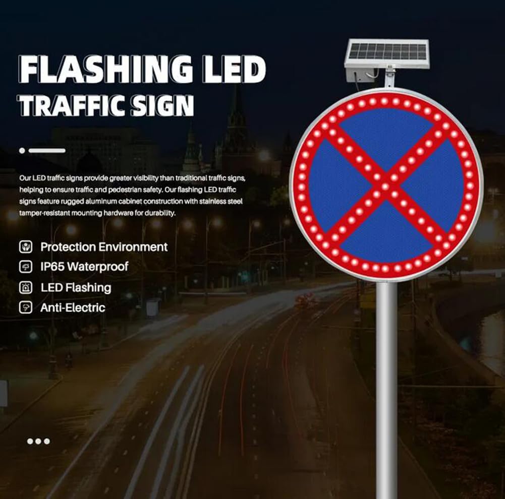 Señal de prohibición de estacionamiento con energía Solar de 24", señal de Seguridad Vial con iluminación Interna, luz LED Intermitente, señal de tráfico Redonda