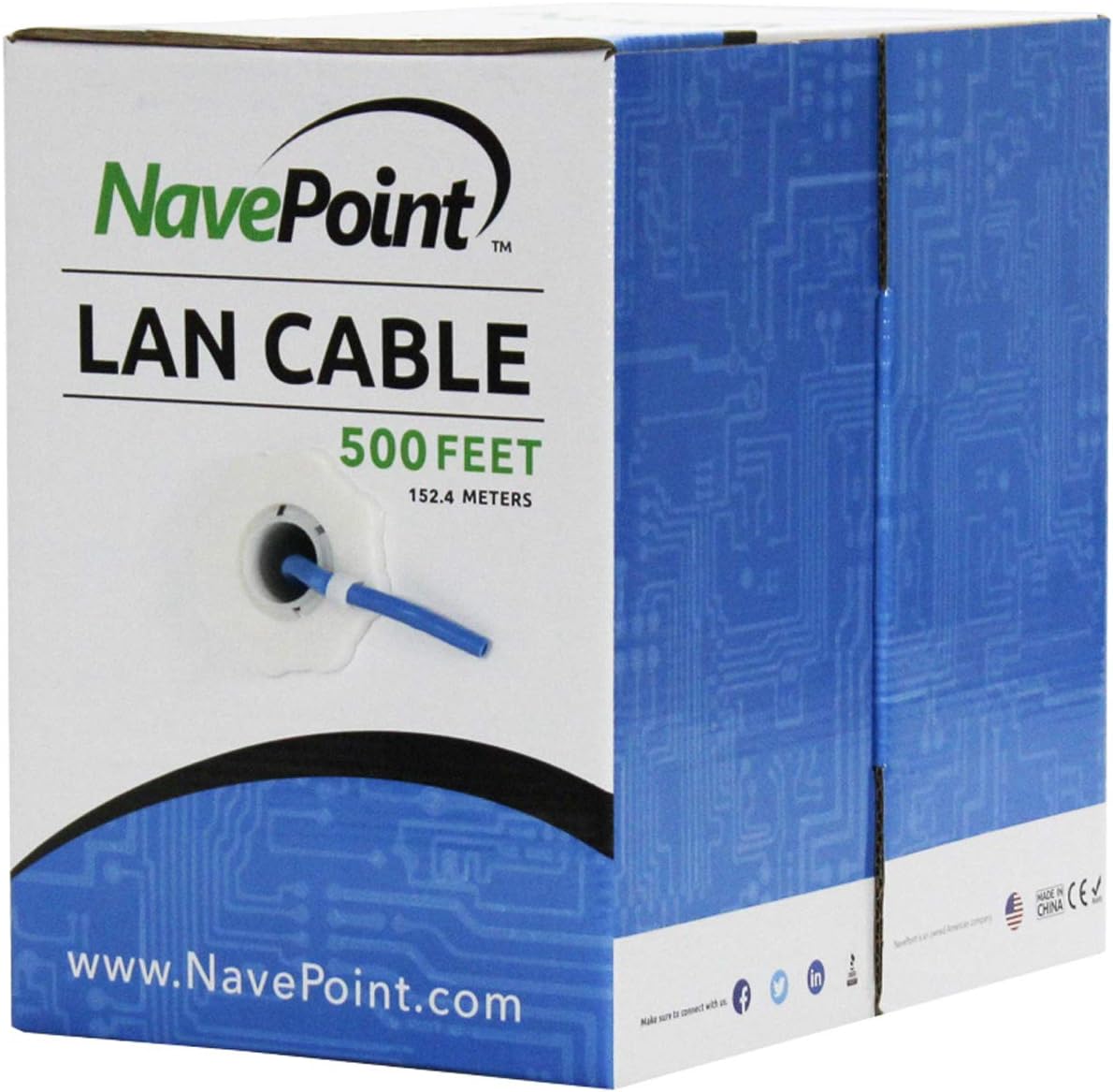 NavePoint CAT5e (CCA), 500ft, Blue, Solid Bulk Ethernet Cable, 24AWG 4 Pair, Unshielded Twisted Pair (UTP)