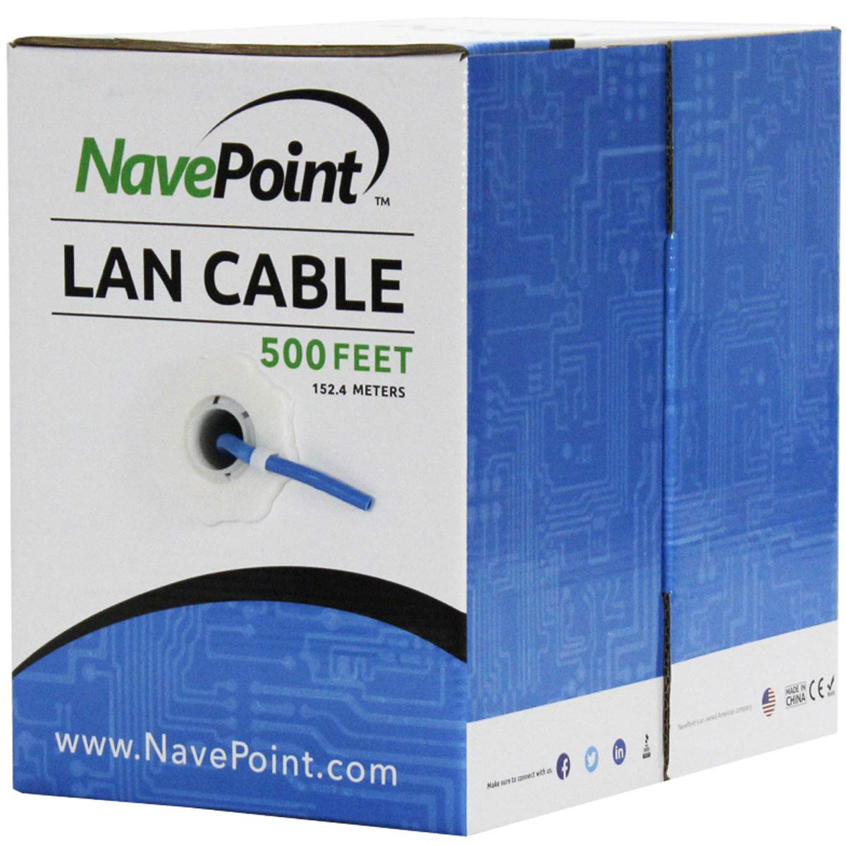 NavePoint CAT5e (CCA), 500ft, Blue, Solid Bulk Ethernet Cable, 24AWG 4 Pair, Unshielded Twisted Pair (UTP)