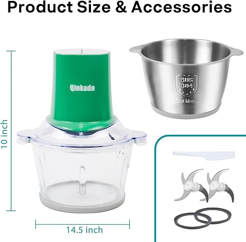 Miniatura 7 de Qinkada Procesadores de alimentos con 2 cuencos, picadora de carne de 400 W, picadora de alimentos eléctrica, 2 velocidades, vidrio de 8 tazas y 8