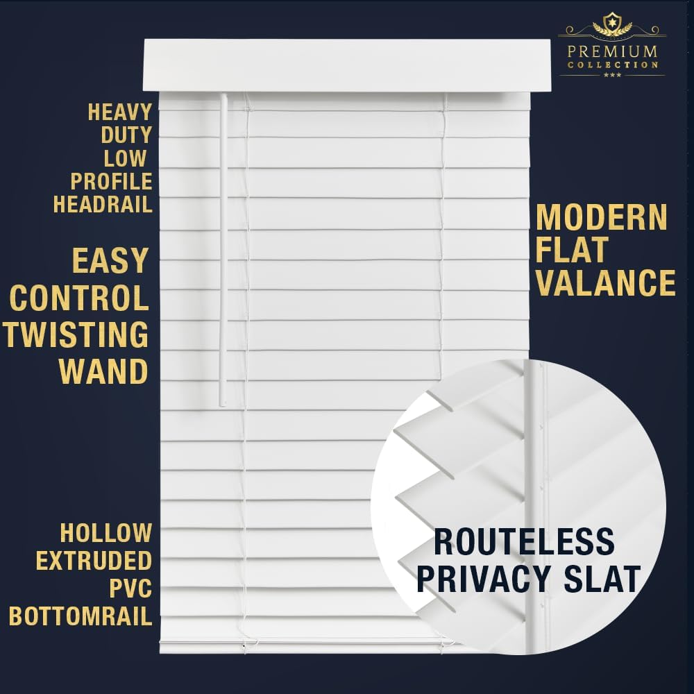 Lotus & Windoware Cordless Faux Wood Blind, Smooth, Bright White, Privacy Slats, Blinds for Indoor Windows, 26" Wide x 72" Long