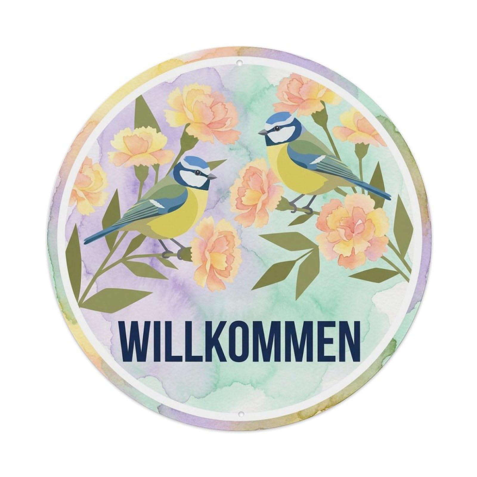 Carnation Sprig Willkommen Watercolor Bird Slogan Metal Tin Sign