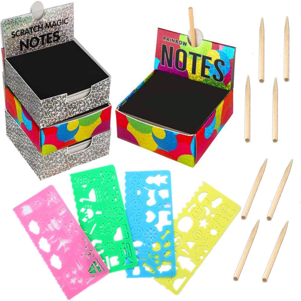 CooCu Scratch Off Mini Art Notes Papers for Kids, DIY Scratch Paper Mini Crafts Notes, Glitter and Rainbow Holographic Glitter Paper 400 Sheets with Wooden Stylus (4 Sets)