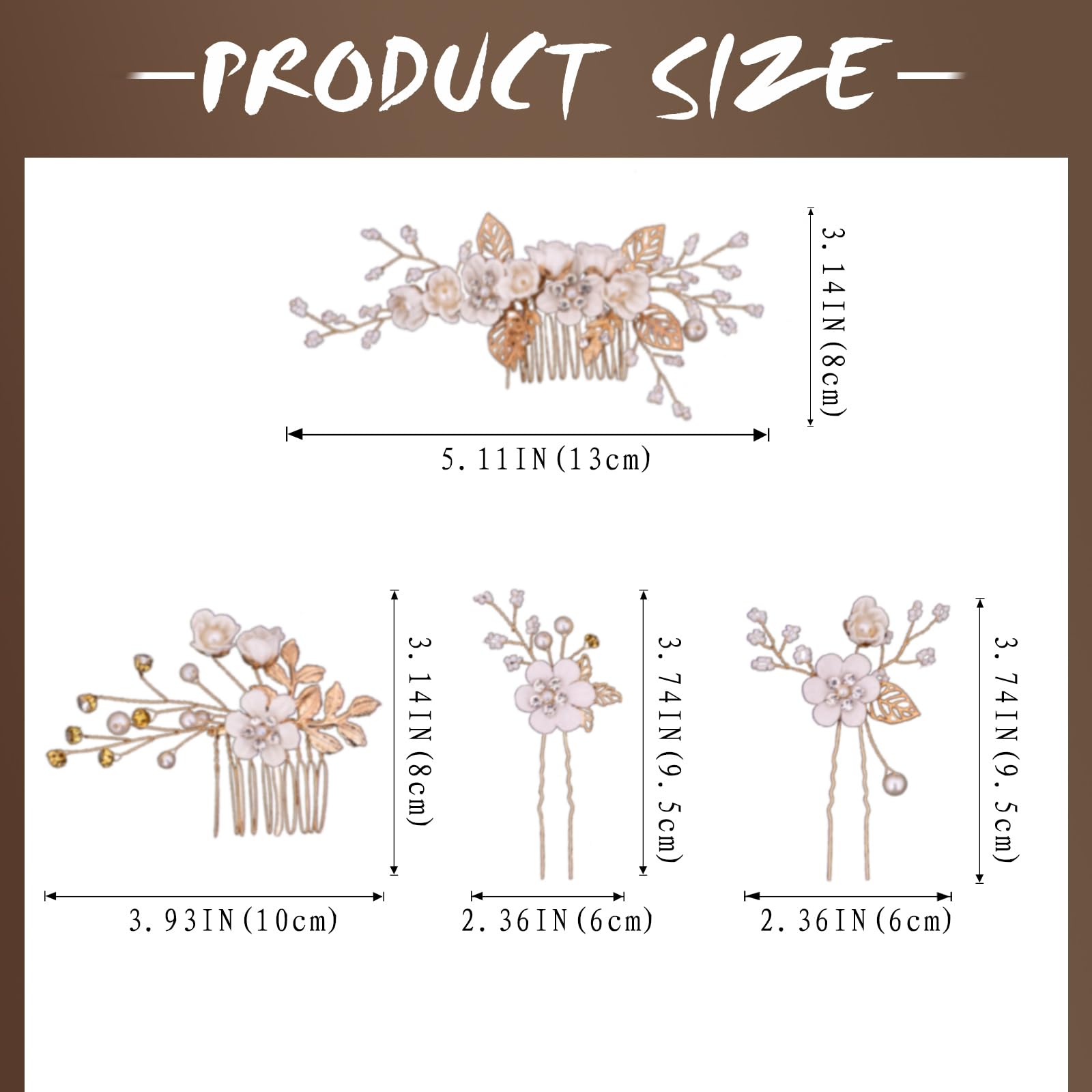 4Pcs Bridal Hair Combs Handmade Flower Leaf Wedding Hair Pins Accessories Crystal Headpiece Pearl for Brides Bridesmaids Women Girls (Gold)