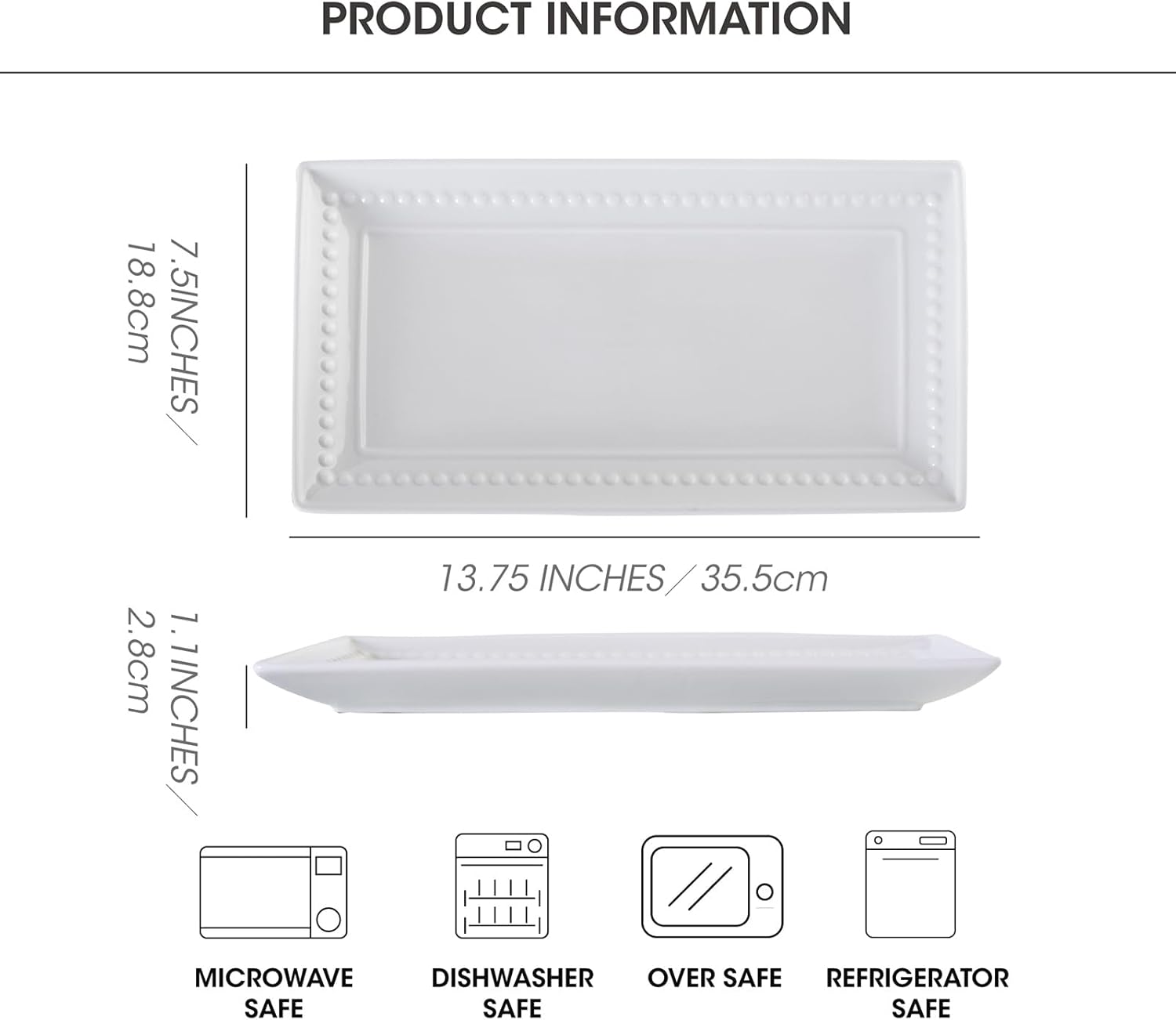 14 inch Ceramic Serving Platter - Rectangular Serving Trays Set of 4, Large Embossed Plates, Porcelain White Platters for Steak, Appetizer, Dessert, Tacos, Housewarming, Oven Dishwasher Safe