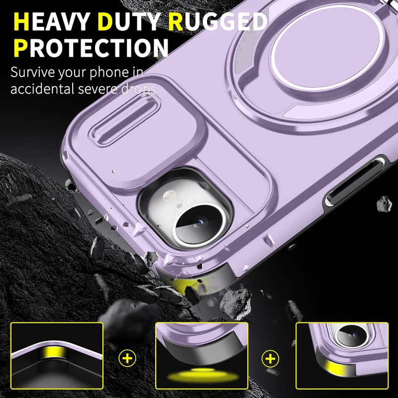 Image of LuxuryKase Shockproof Rugged Case for iPhone 16e | iPhone 17e | Slide Camera Cover | 360 Rotating Ring Kickstand | Military-Grade Protection - Lavender Purple