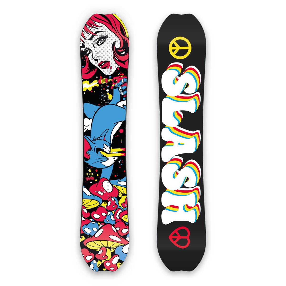 Slash by Gigi, Happy Place Thumbs Snowboard, Carbonbon, Bi-Ax Fiberglass, Pop Woodcore, Sintered Base 7500, Belt Finish, Impact Dampening, Steel Edges, Factory Waxed, Tip Protectors, 150