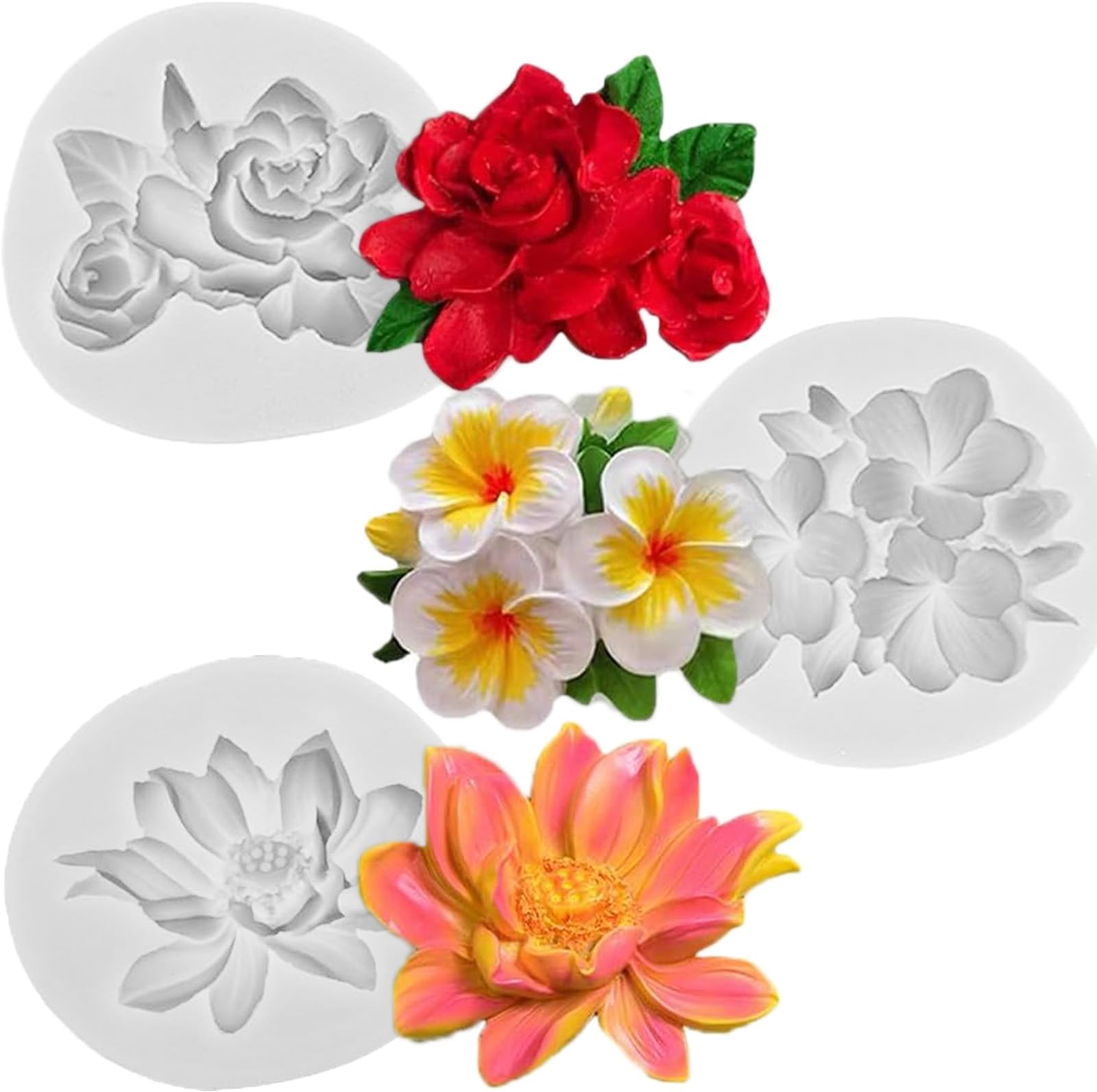 3 pcs Flower Silicone Molds, Hibiscus Plumeria Rose Flower Fondant Silicone Molds,For Sugarcraft, Cupcake Toppers, Soap, Polymer Clay,Crafting Projects๏ผWedding and Birthday Cake Decoration