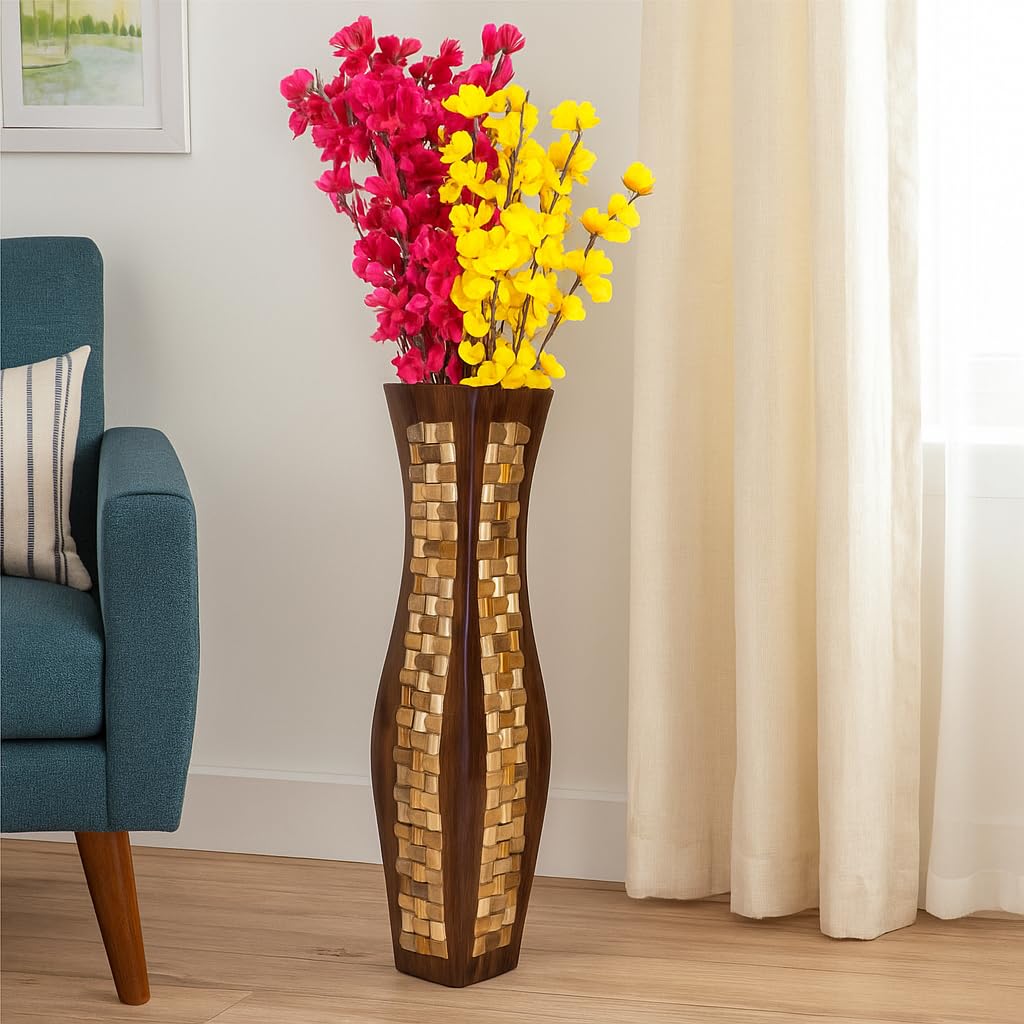 Decorative Wooden Floor Vase with Mosaic Pattern, 60 cm Tall, 4.5 inch Wide, Brown and Gold-image-16