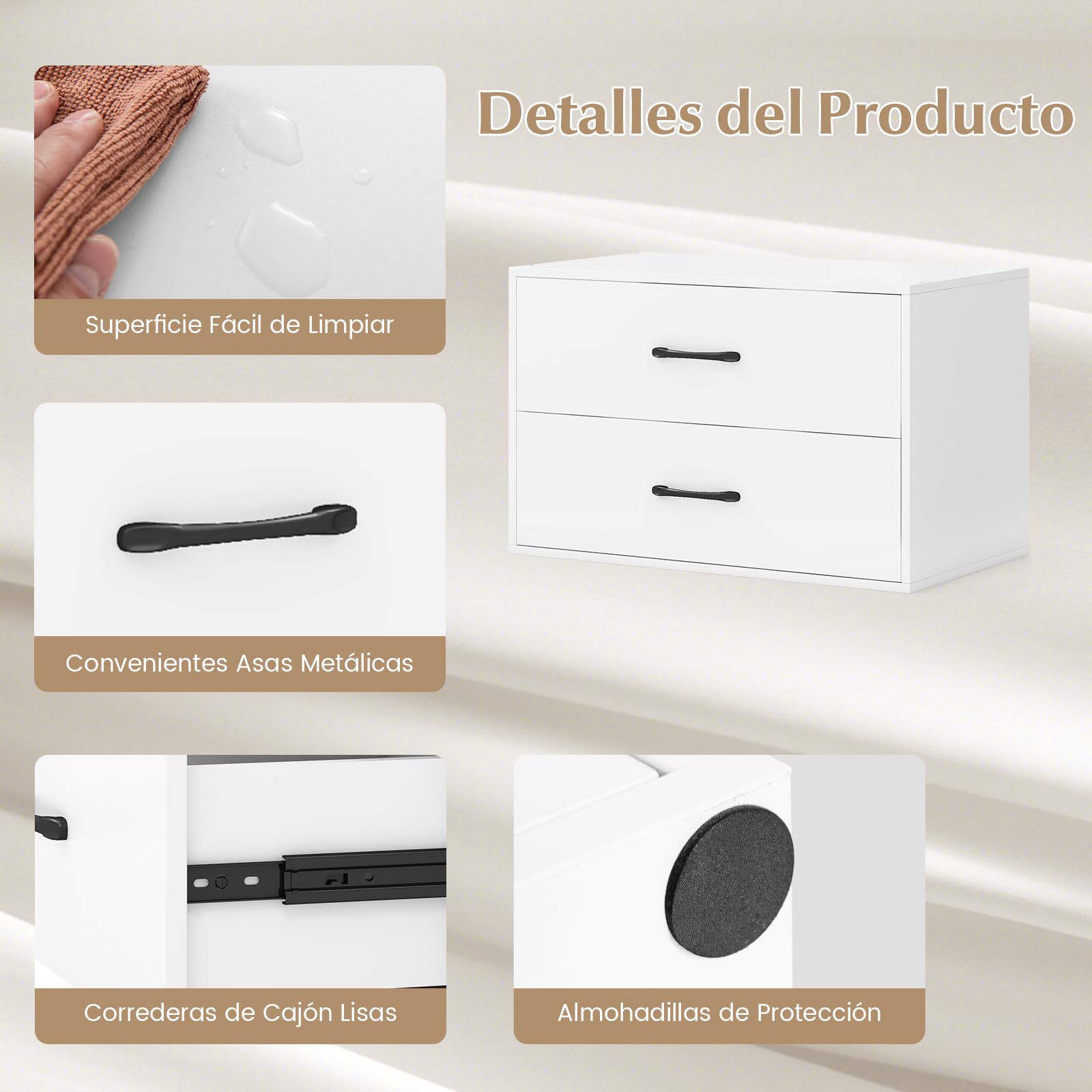 COSTWAY Cómoda con 2 Cajones, Cómoda de Cajones Apilable, Gabinete de Almacenamiento Horizontal con Kits Anti-Vuelco, Mueble de Almacenaje Independiente para Sala de Estar, Estudio, Oficina (Blanco)