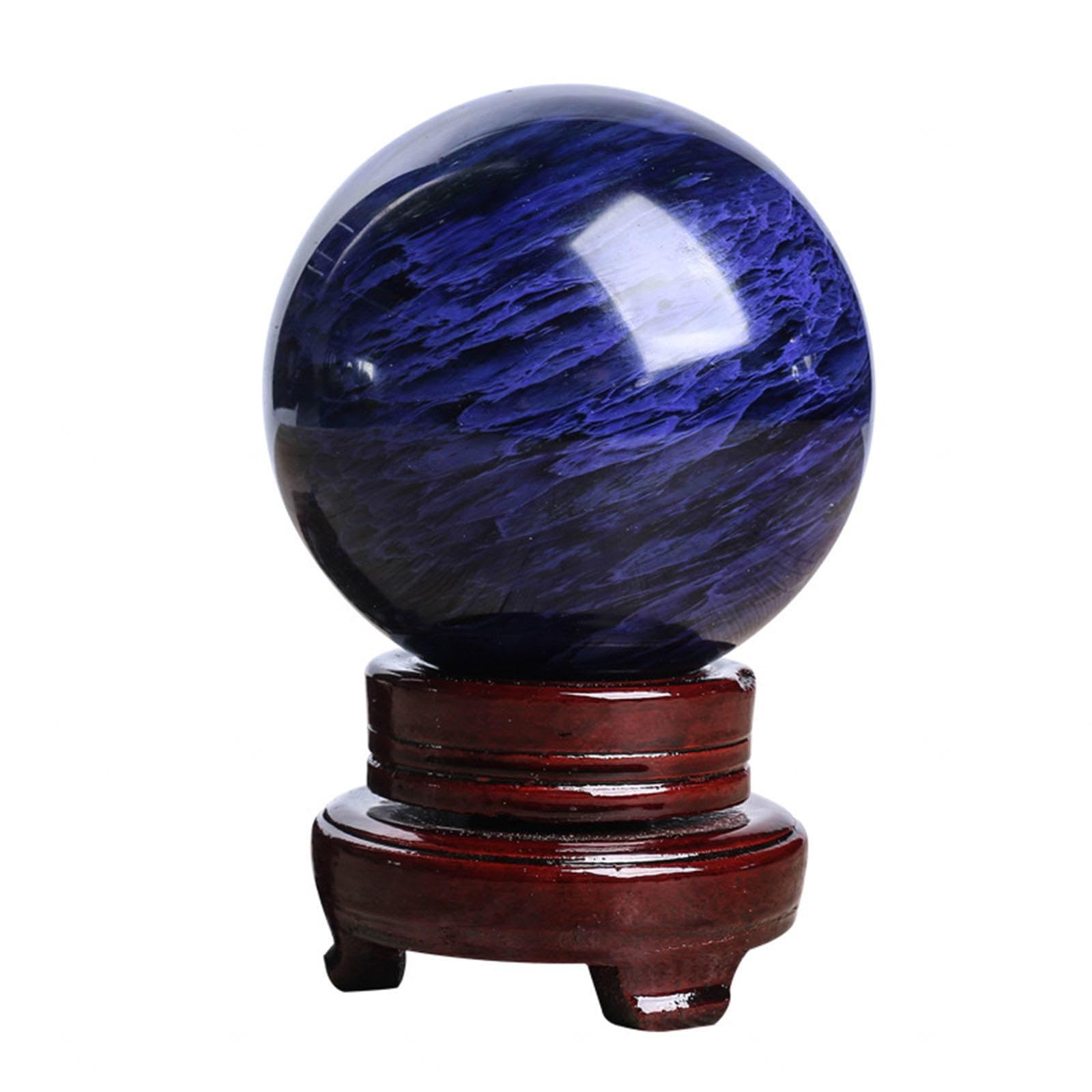 DPURPIWADY Blue Crystal Ball Smelting Sphere Polished Gemstone Balls with Wood Stand,for Decoration Fengshui Witchcraft,180mm