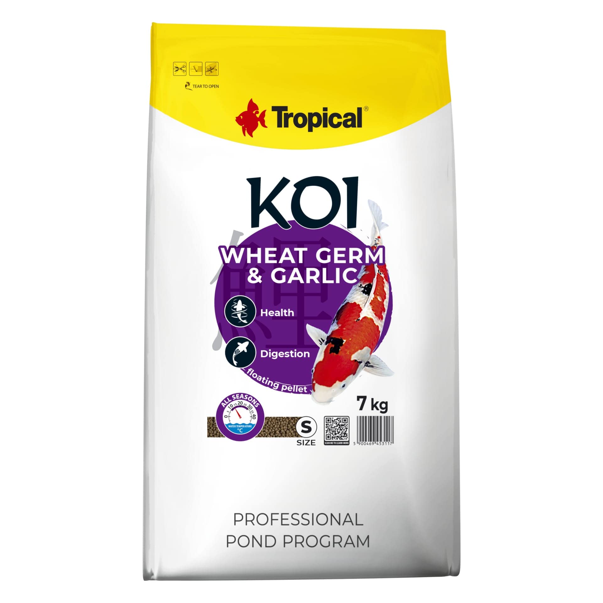 Tropical Koi Wheat Germ & Garlic Pellet Size S 7kg - Aliment Quotidien pour Tous Les Poissons d'étang, avec ajout d'ail, Petits granulés