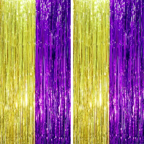 Image of Voircoloria 2 Pack Purple and Gold Foil Fringe Backdrop Curtains, Tinsel Streamers Party Decorations, Fringe Backdrop, Door Shimmer for Graduation or Birthday Party