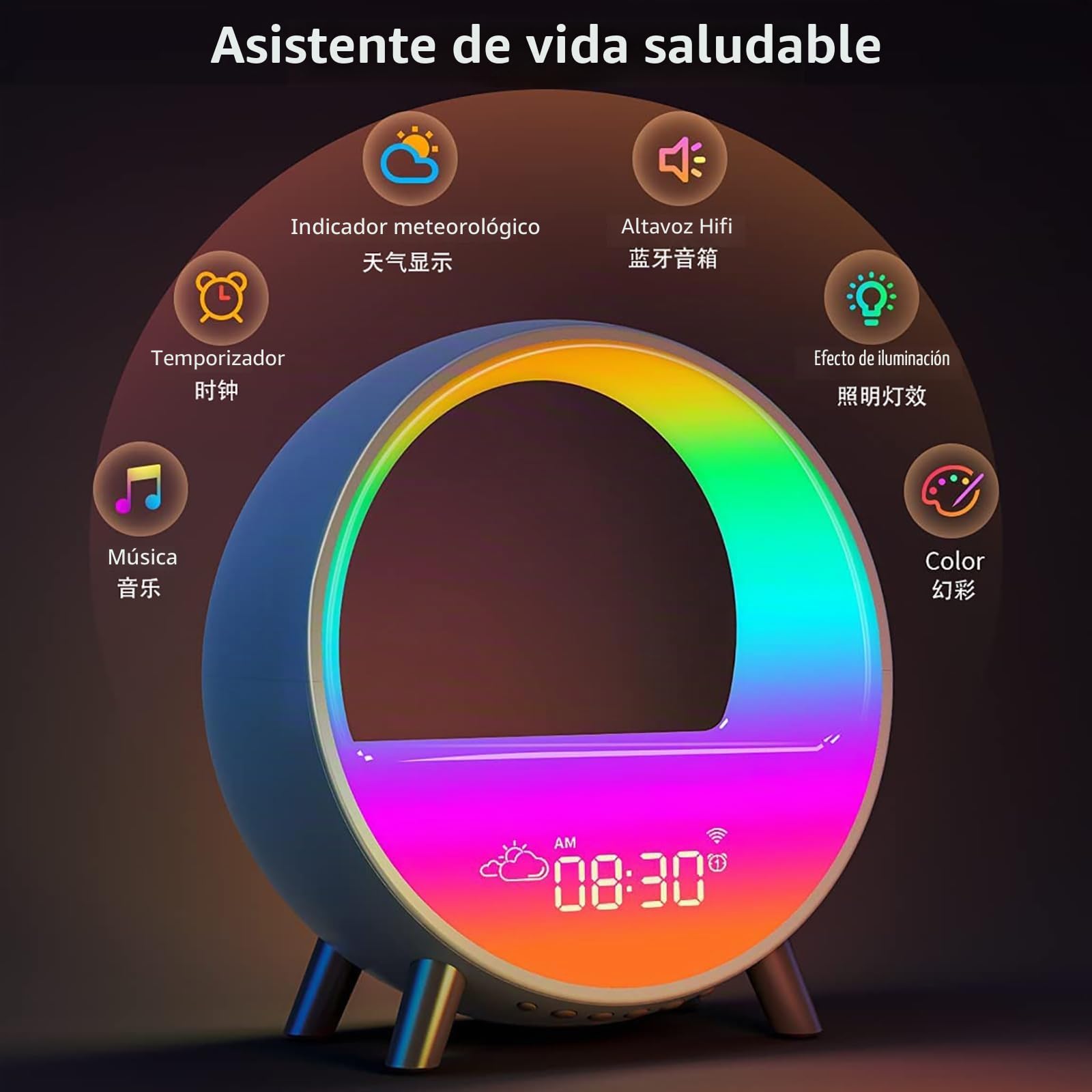 Reloj despertador inteligente con simulación de amanecer y carga inalámbrica, lámpara rítmica, modo de repetición, 9 modos de luz y 7 sonidos naturales - Luz nocturna con altavoz Bluetooth