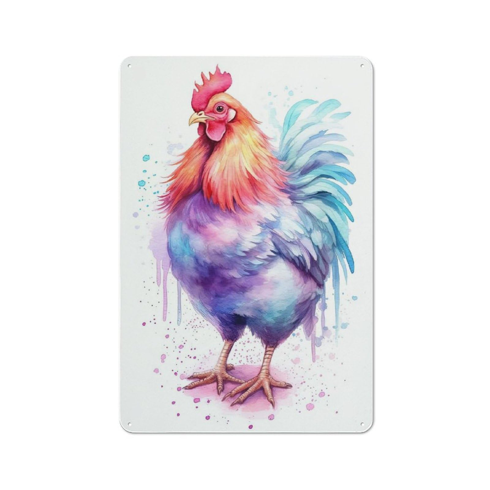 Junmoney Style-9 Metal Wall Sign 30X20cm Featuring Watercolor Chicken Art For Café Or Restaurant, A Decorative Metal Sign For Cafés And Restaurants