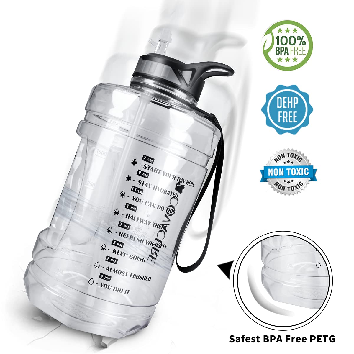 COVACURE Borraccia Sport Motivazionale 2.2L Con Cannuccia - Senza BPA, Indicatore Orario E Tracolla