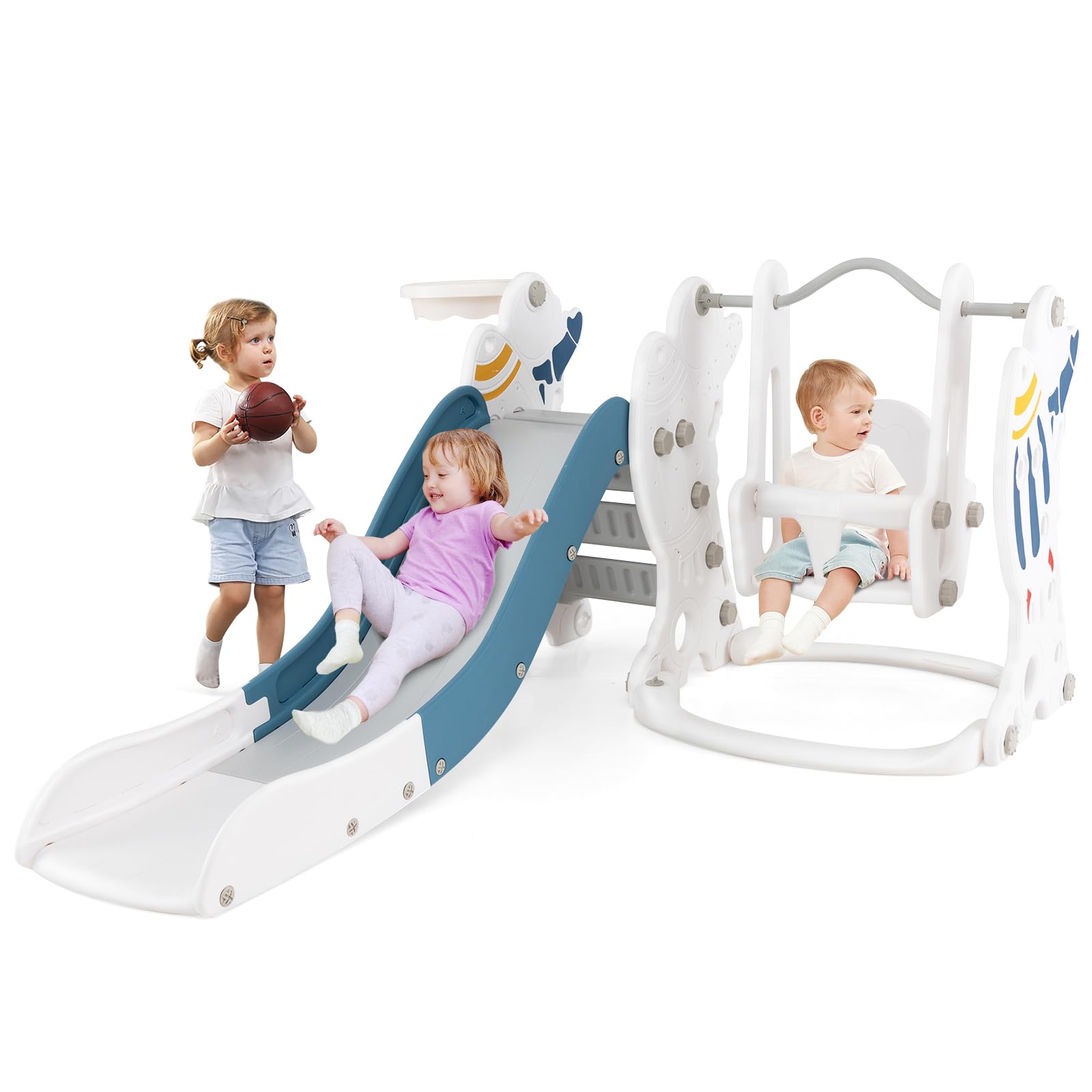 Maxmass Toddler Slide and Swing Set, Children Playground Playset with Basketball Hoop, Long Slide and Climb Ladder, Indoor Kids Play Area for Boys Girls (White+Blue,185x150x92cm)