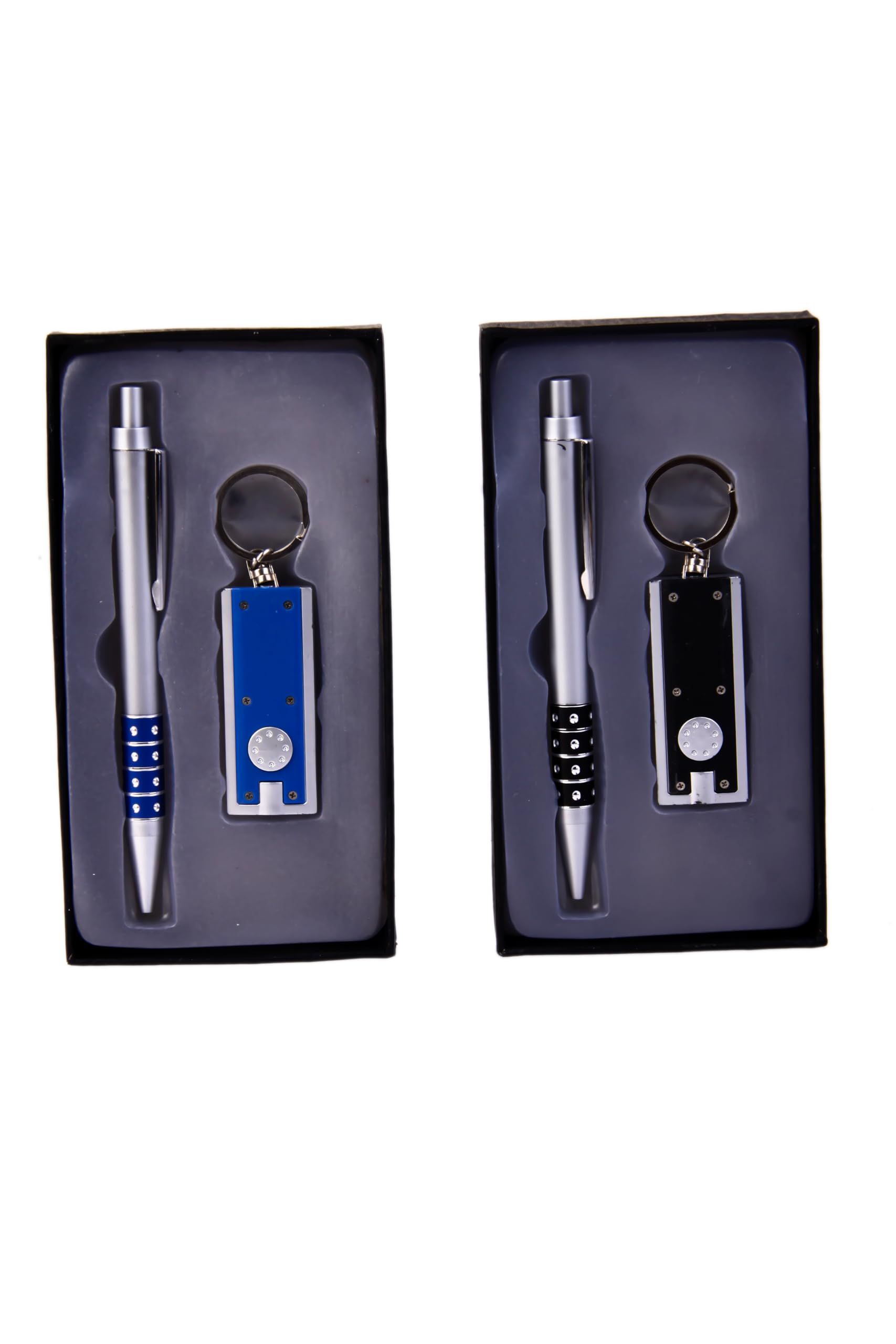 Set mit 20 Kugelschreiber und Schlüsselanhängern, mit Taschenlampe in Holzbox, 10 Schwarz und 10 Blau, originelle Details für Hochzeiten, Geschenke zur Kommunion und Erinnerungen für Kindergeburtstage