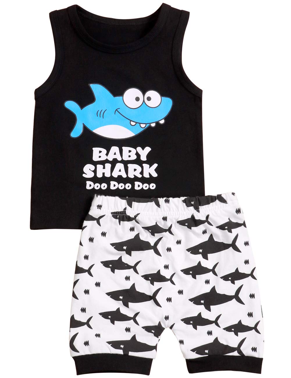 Baby Boy Girl Clothes Shark and Doo Doo Print Summer Cotton Sleeveless Outfits Set Tops and Short Pants 6-12 Months C-Black
