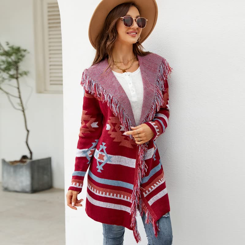Women Geometric Tribal Stripe Fringe Hooded Knit Cardigans Casual Open Front Long Sleeve Cardigan Hooded Outwear Coat2