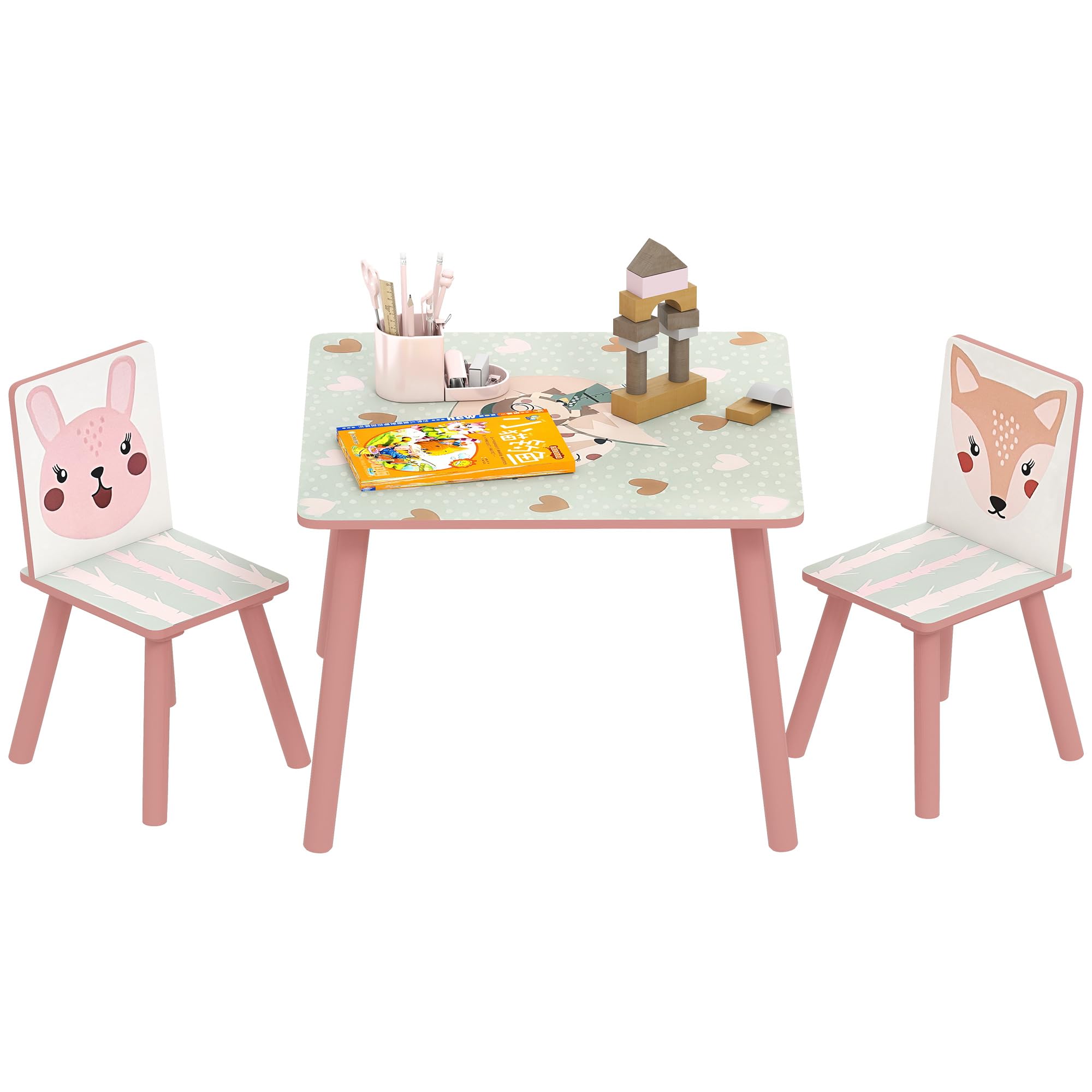 ZONEKIZ Set 3 Pezzi con Tavolo e 2 Sedie per Bambini da 3-8 Anni in MDF e Legno di Pino, Tavolino per Bambini e Seggiole con Disegni di Animali, Rosa