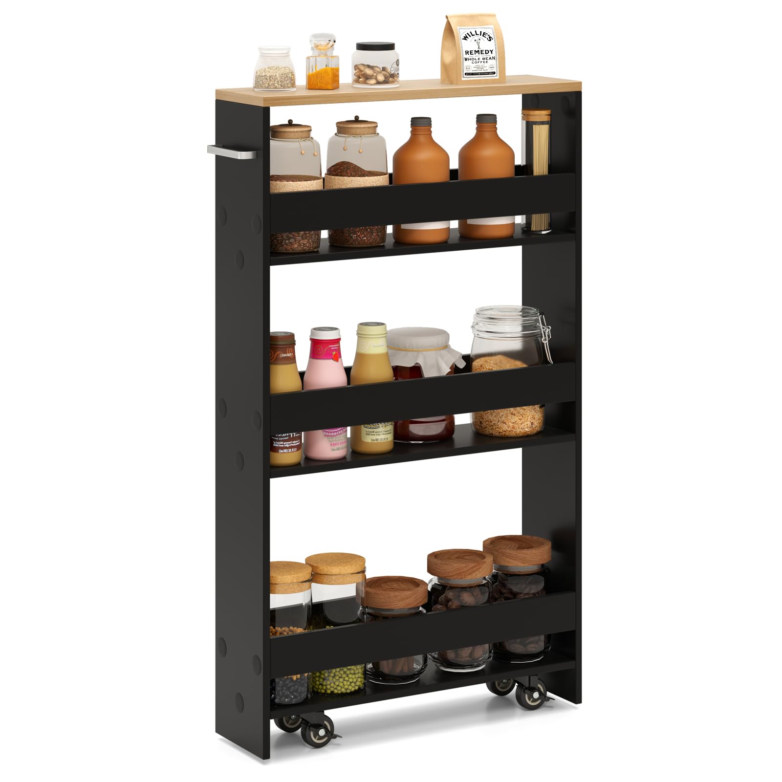 KOMFOTTEU Carro Estrecho de 4 Niveles con Ruedas, Carrito de Cocina con Asa, Carrito para Ahorrar Espacio para BAÑO, Dormitorio, Estantería Móvil de Almacenamiento, 47,5 x 20 x 80,5 cm (Negro)