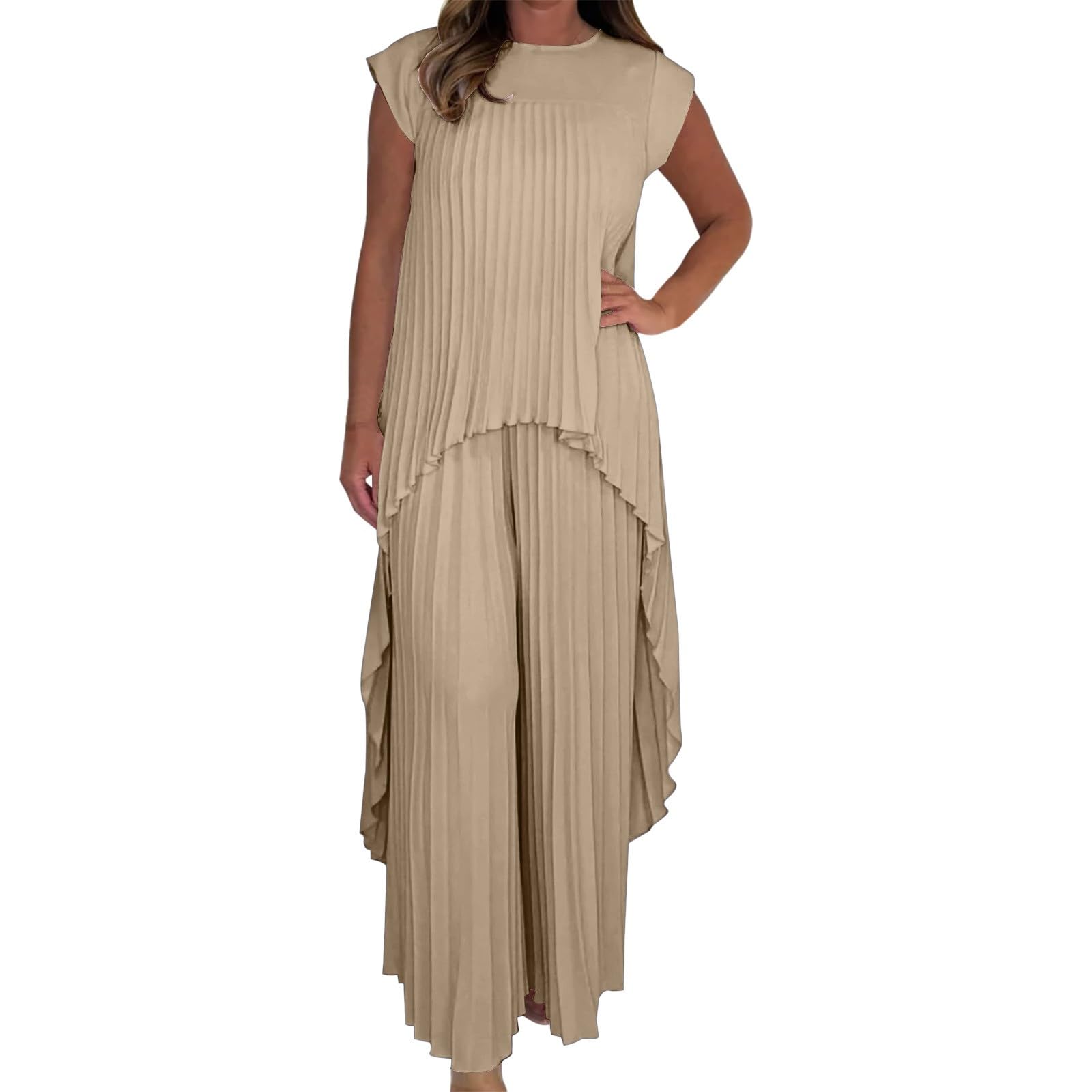 2 Teiler Damen Elegant Set Plissiertem, Kurzärmeligem, Unregelmäßigem Midi-Oberteil Und Hose Mit Weitem Bein Elastischem Bund Airport Outfit Women Hosen Anzug Große Größen Ballkleider