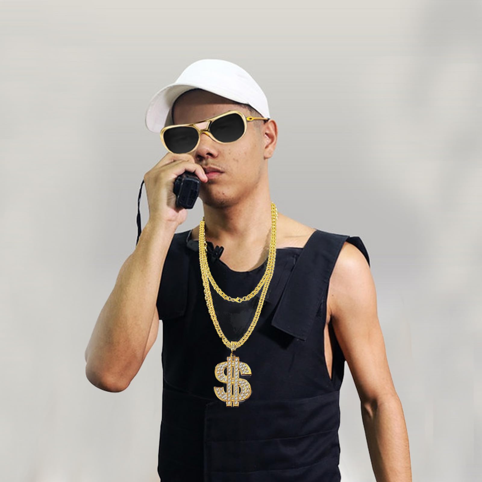 5 Pcs Hip Hop Costume Set,80s Fancy Dress Men and 90s Gold Chain Fancy Dress Accessories,Party Rings,Fake Gold Bracelet,Fake Dollar Sign Necklace for Men and Women,Rapper Masquerade Accessories - Image 4