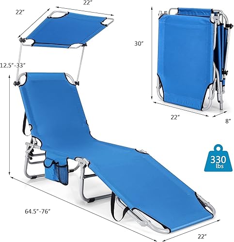 Miniatura 2 de Tangkula Tumbona plegable para exteriores, silla de playa reclinable de 5 pliegues, silla reclinable para patio con toldo de 360 y bolsillo de