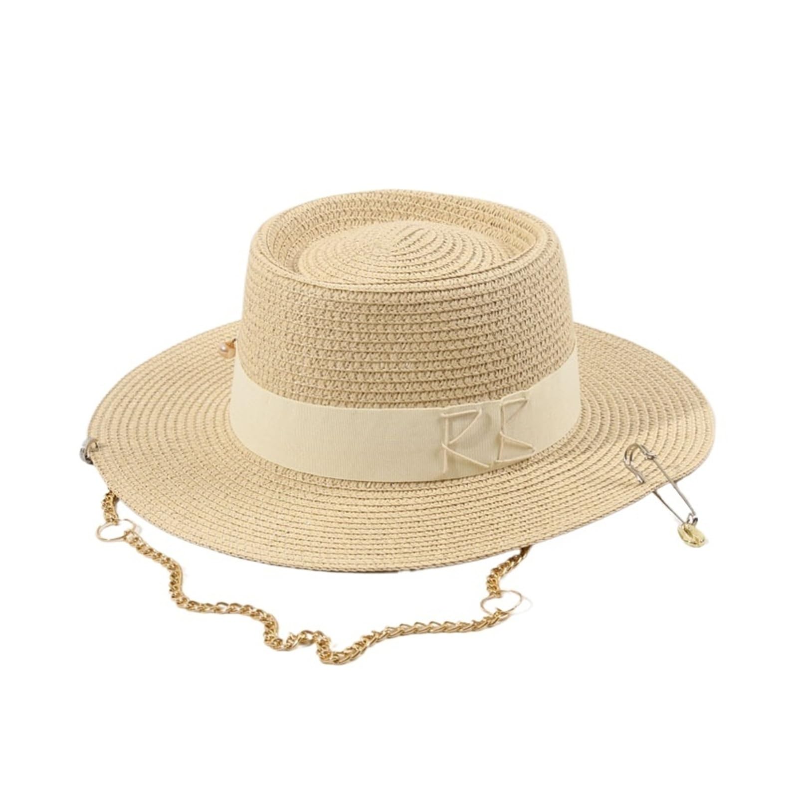 Generico Cappello di Paglia con monogramma RB, Parte Superiore concava e Spilla a Catena, Cappello da Sole Estivo per Spiaggia e Ombra all'aperto