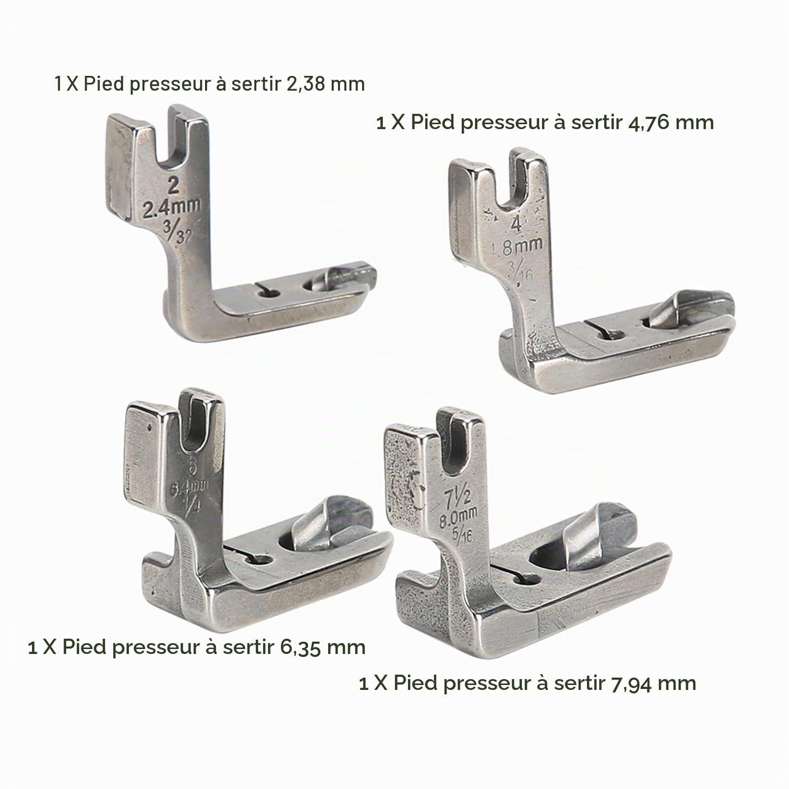 Lot de 4 Pieds-de-biche à Ourlet Roulé en Acier Inoxydable, Accessoires pour Machine à Coudre Industrielle