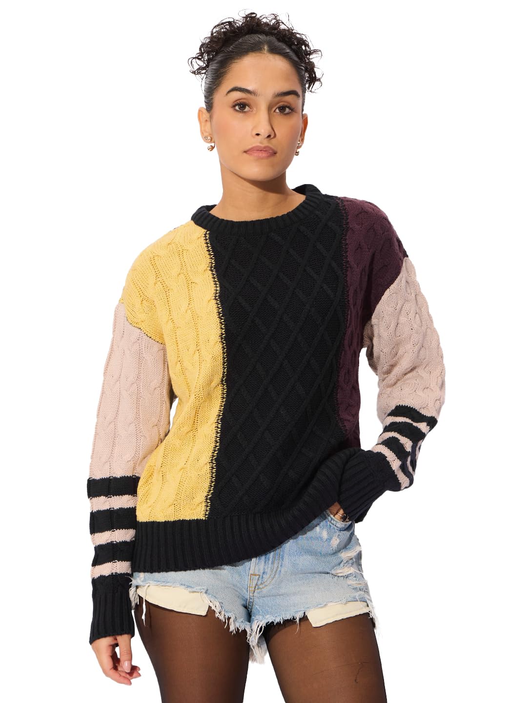 the souled store Chunky Knit Sweater: Carolina Women and Girls Long Sleeves Round Neck Multicolored Color Blocked Acrylic Oversized Sweaters-picture-25