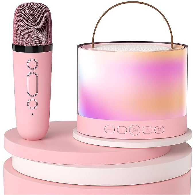 QLECT Portable Karaoke Bluetooth Speaker with Wireless Mic, 5W HiFi Sound, RGB LED Lights, Voice Change Effects, Rechargeable, for Kids & Adults, Home & Outdoor Party(Pink)