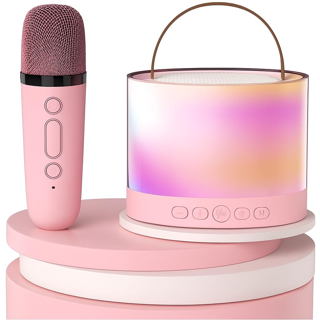 QLECT Portable Karaoke Bluetooth Speaker with Wireless Mic, 5W HiFi Sound, RGB LED Lights, Voice Change Effects, Rechargeable, for Kids & Adults, Home & Outdoor Party(Pink)