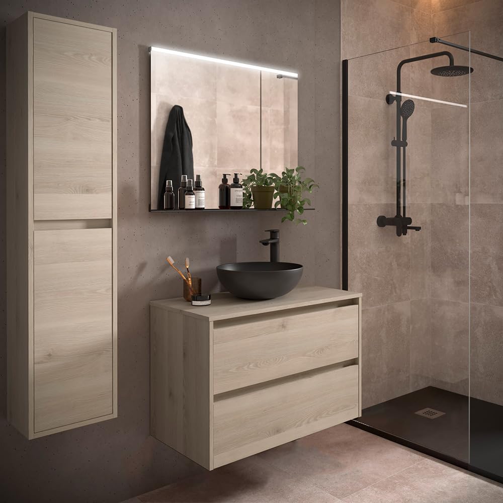 Inbagno Mobile bagno sospeso 90 cm rovere bali con top per lavabo, 2 cassetti con chiusura soft-close, Linea GAYA