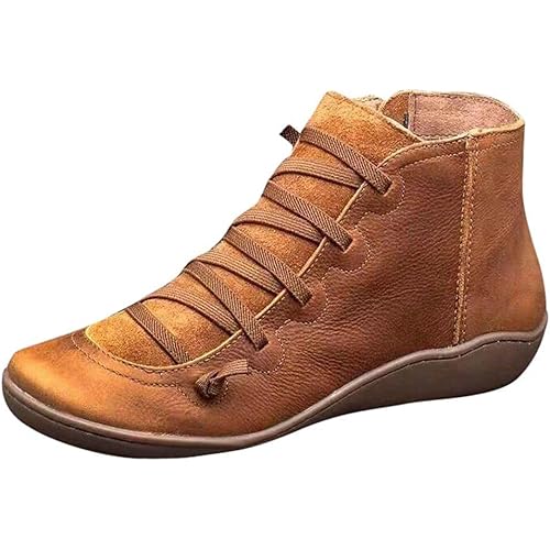 Ankle Boots for Women No Heel,2019 New Arch Support Boots Side Zipper Vintage Leather Damping Shoes Flat Heel Booties