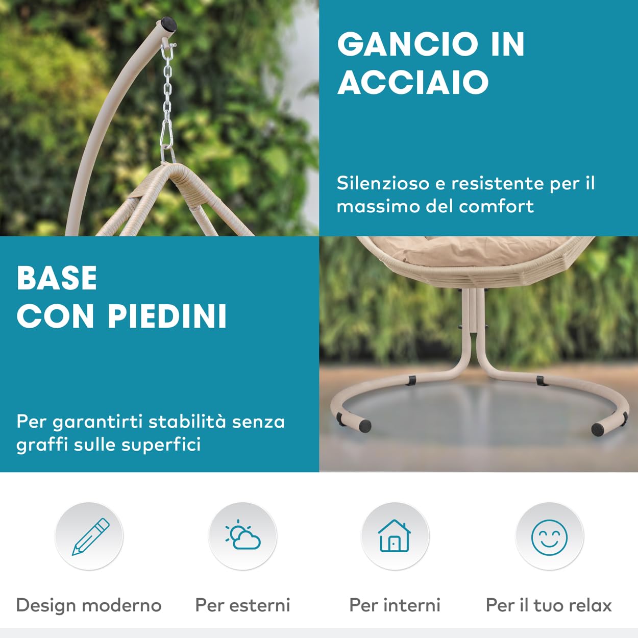 DESHOME Giglio - Dondolo da giardino singolo Sedia a dondolo da esterno Poltrona sospesa da giardino Sedia sospesa da esterno Grigio