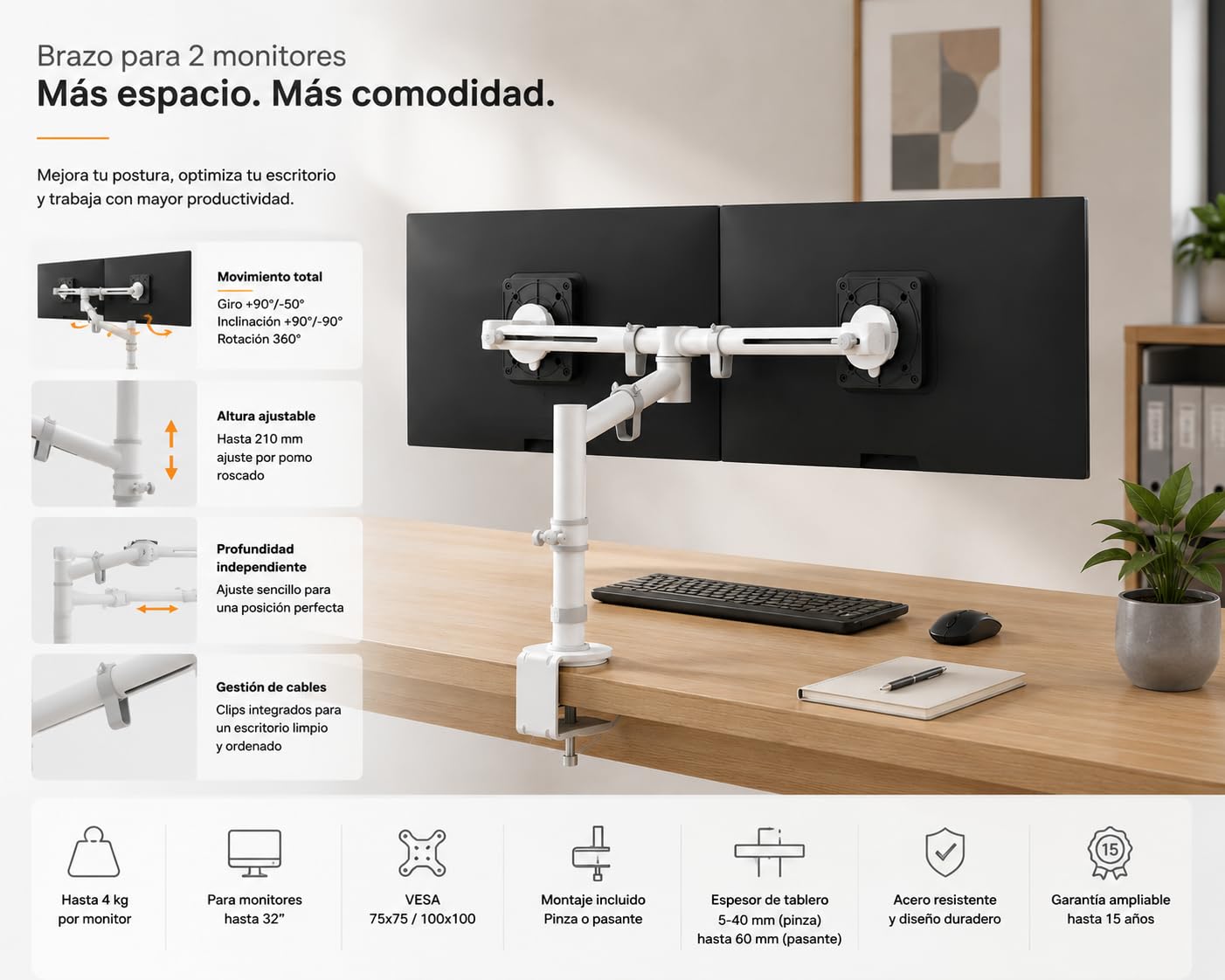 Brazo Monitor Dataflex 48.130 y 48.133 Viewgo | Soporte Escritorio 2 monitores en Blanco o Negro (Negro)