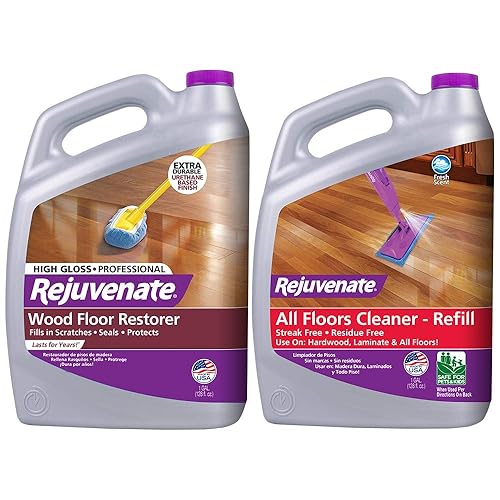 Rejuvenate Restaurador y pulidor profesional de pisos de madera con aplicación de acabado duradero, acabado de alto brillo de 128 onzas y limpiador