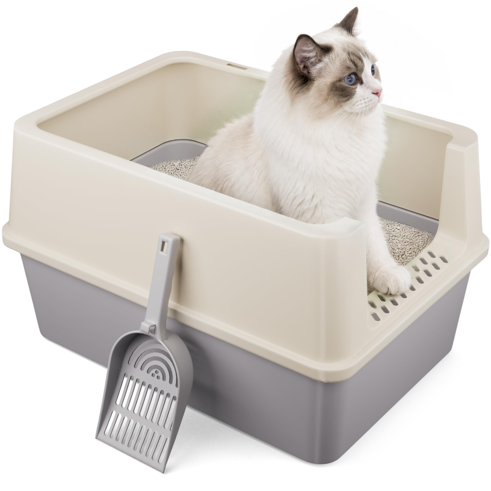 Caja de arena para gatos gris contra el desorden con inodoro de plástico y pala
