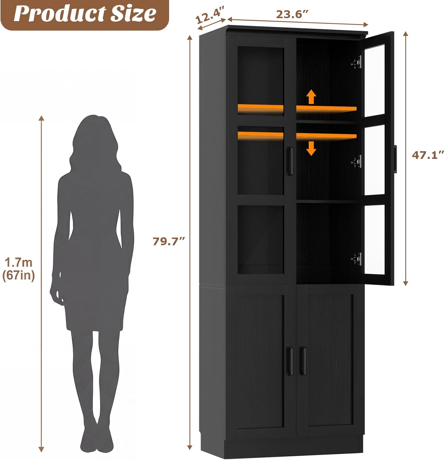 Unikito 79.7" Tall Kitchen Pantry Storage Cabinet, Freestanding Kitchen Hutch Cabinet with Tempered Glass Doors, Modern Display Bookcase with Adjustable Shelves for Living Room, Dining Room, Black