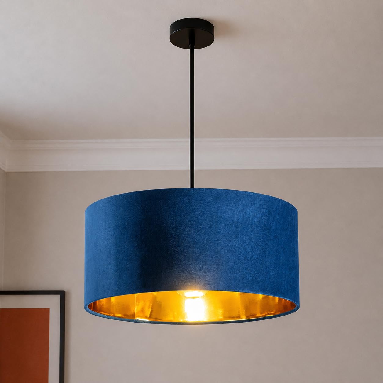 CGC Lighting Modern Large Velvet Fabric Lamp Shade 45cm Diameter 20cm Height with Reflective Inner Drum Pendant Table Lamp Bedroom Dining Room Lounge (Navy Blue) โ image 1