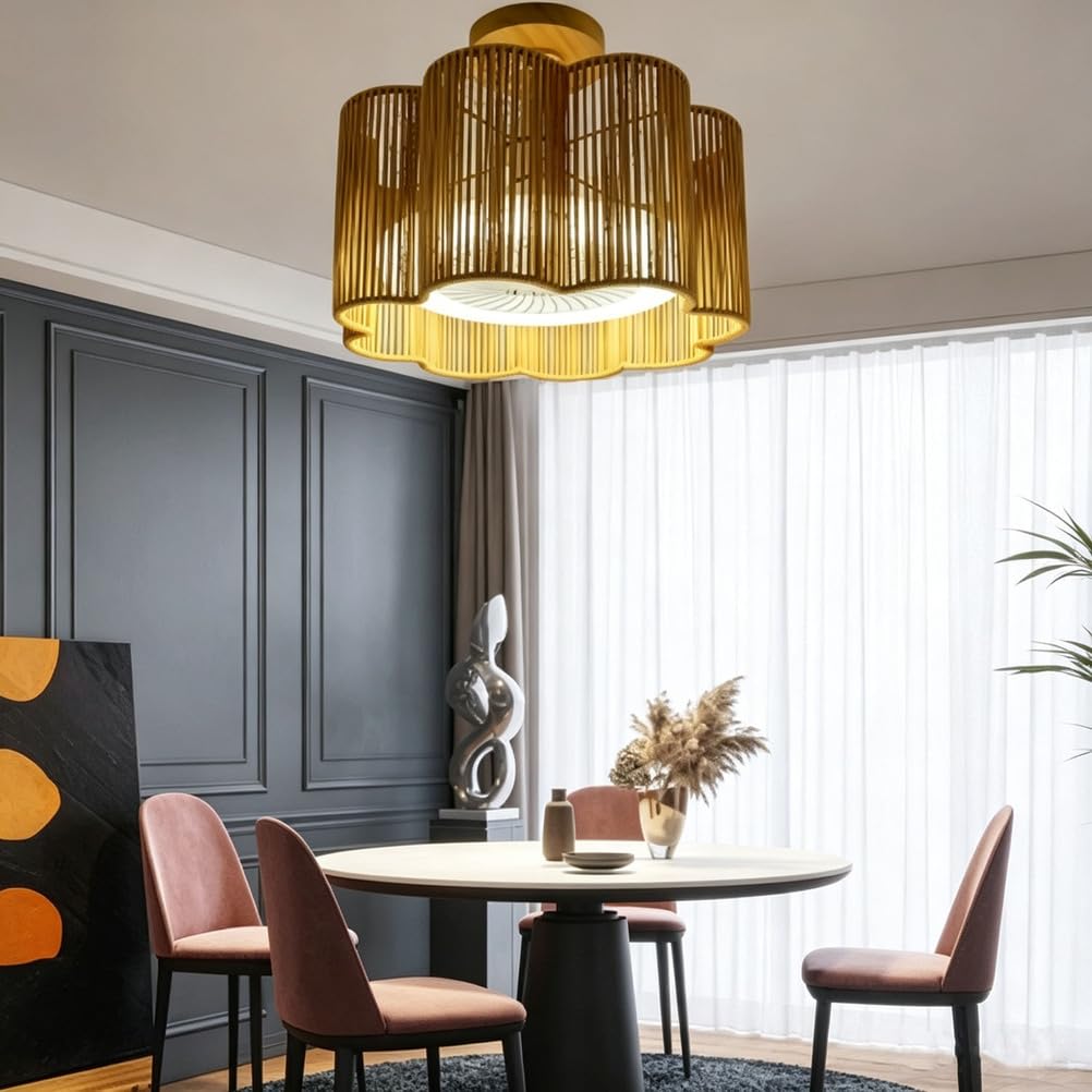 Piptyllite Chinese Style Wicker Ceiling Fan Light, Solid Wood Wabi-Sabi for Bedroom & Tea Room