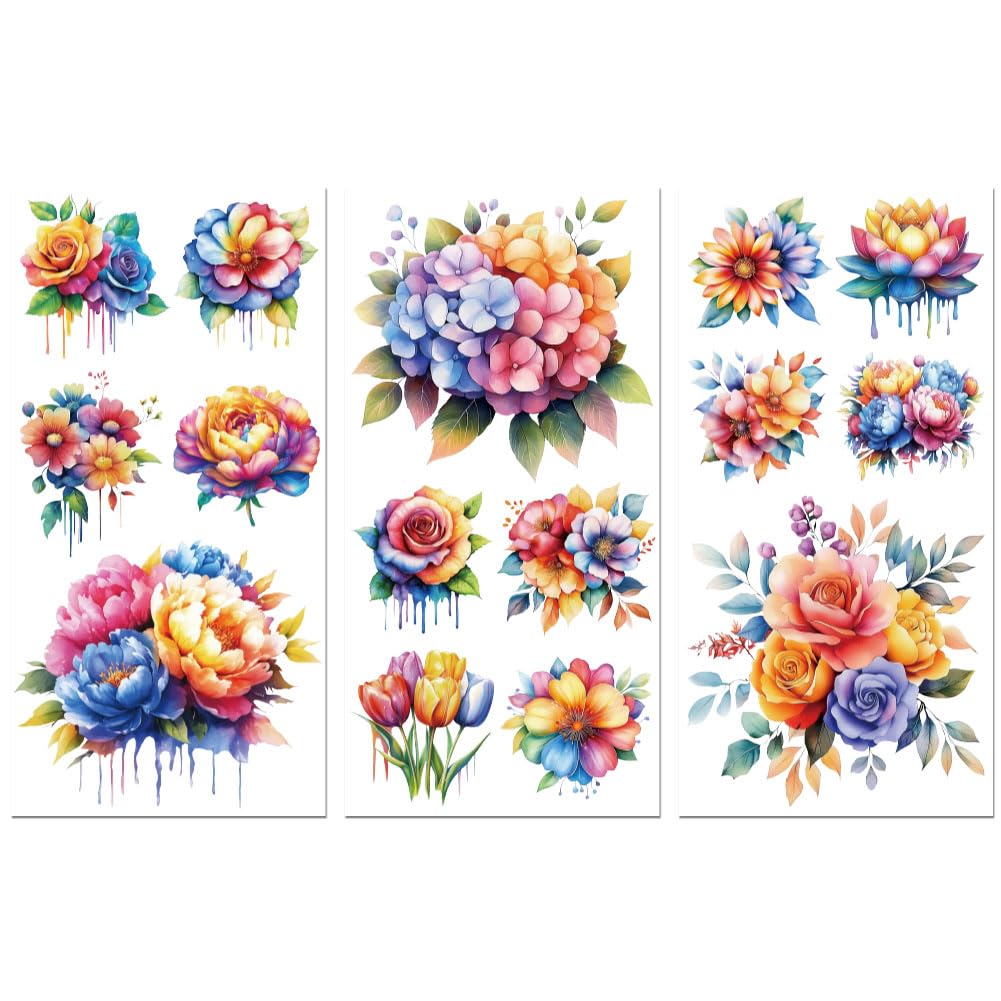 Peacoblue Rub on Transfer Sticker for Furniture Crafts Decor 6"x12" Colorful Watercolor Flower, 3Pcs Waterproof UV DTF Transfer for Lingerie Chests Drawer Dresser Glass Porcelain Wood Plastic