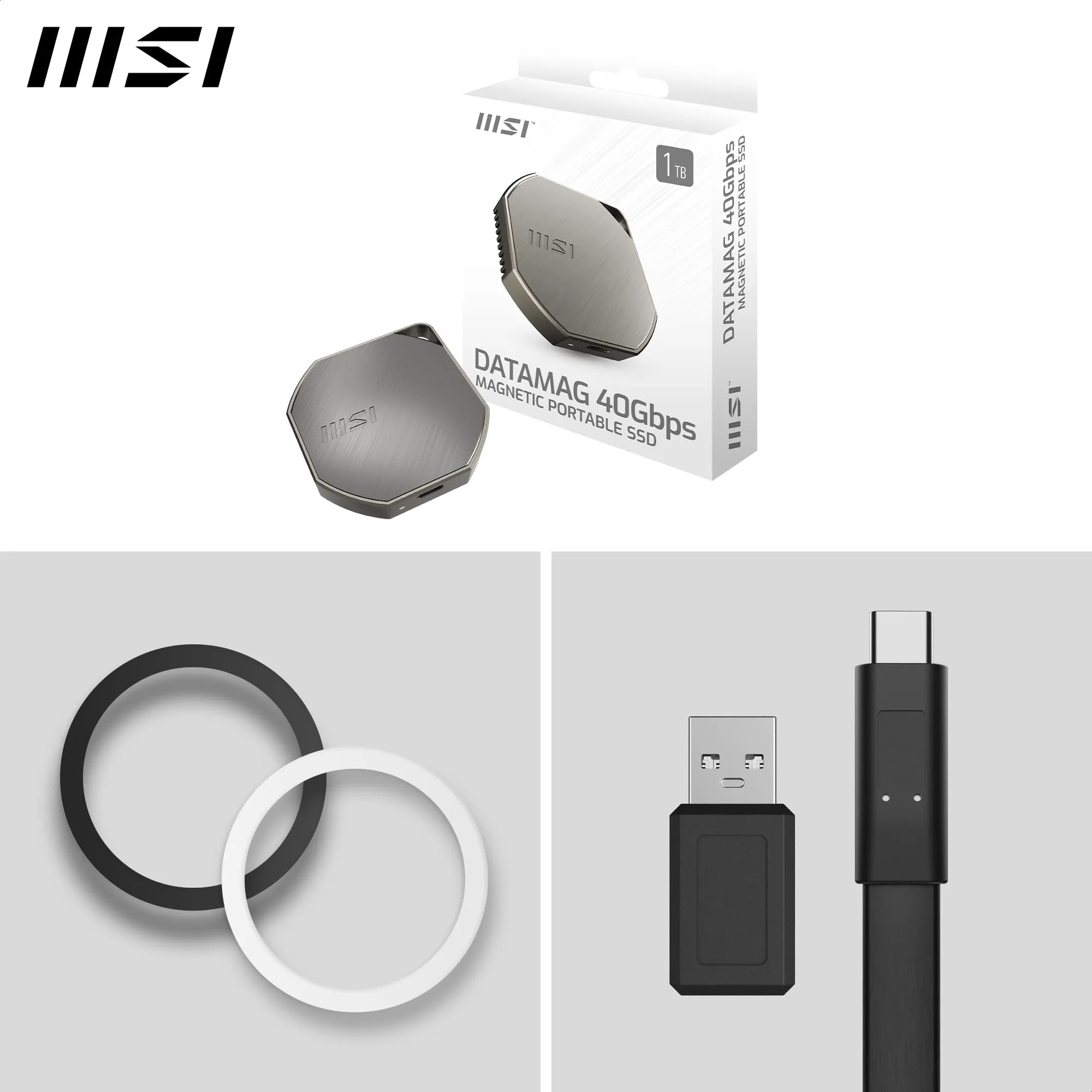 MSI DATAMAG 40 Gbps 1 TB – SSD Externo Portátil Magnético, USB Tipo C, Velocidad 4000 MB/s Lectura y 3500 MB/s Escritura, Compatible con PC, Mac, iPhone, Android y Consolas, 5 Años de Garantía
